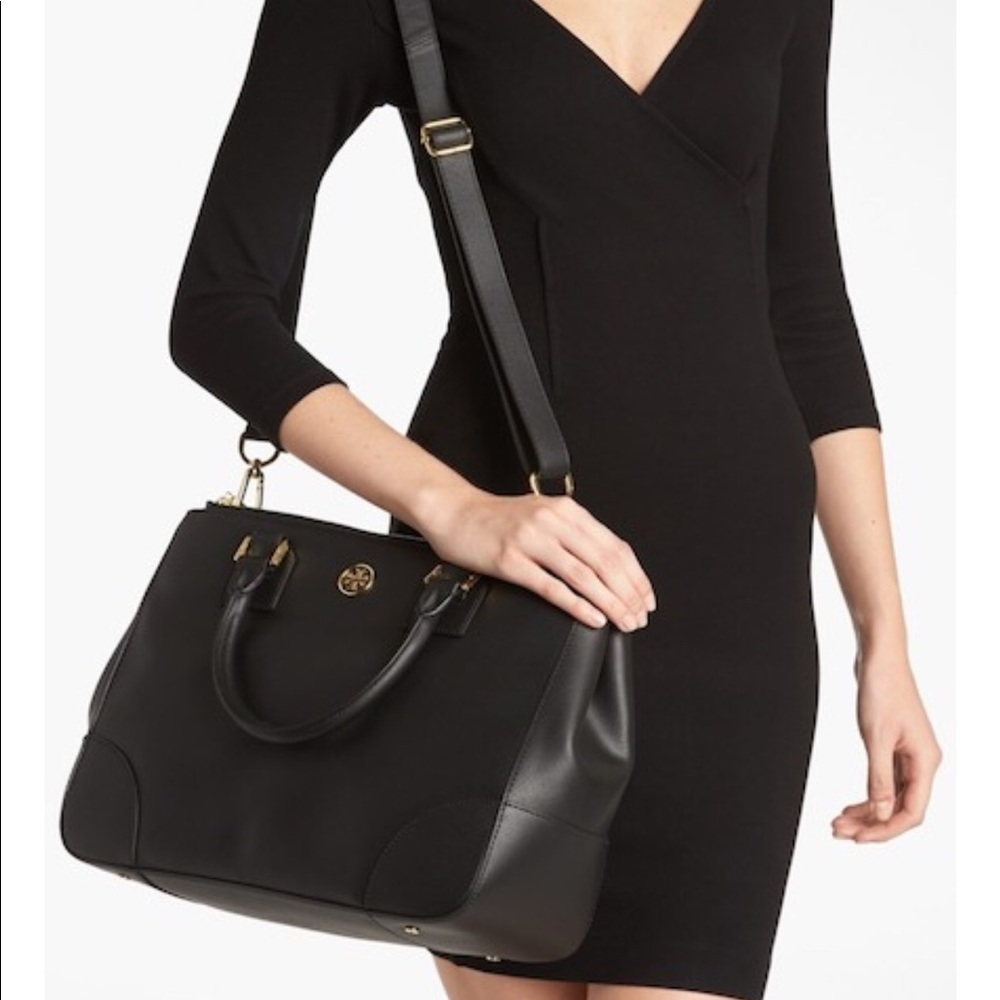 Tory Burch Robinson black double zip tote.